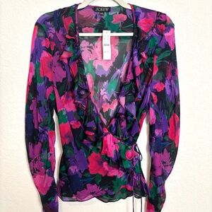 NWT J. Crew Dark Floral Ruffle Wrap Chiffon Blouse Top Women’s 10 Fairy Girly